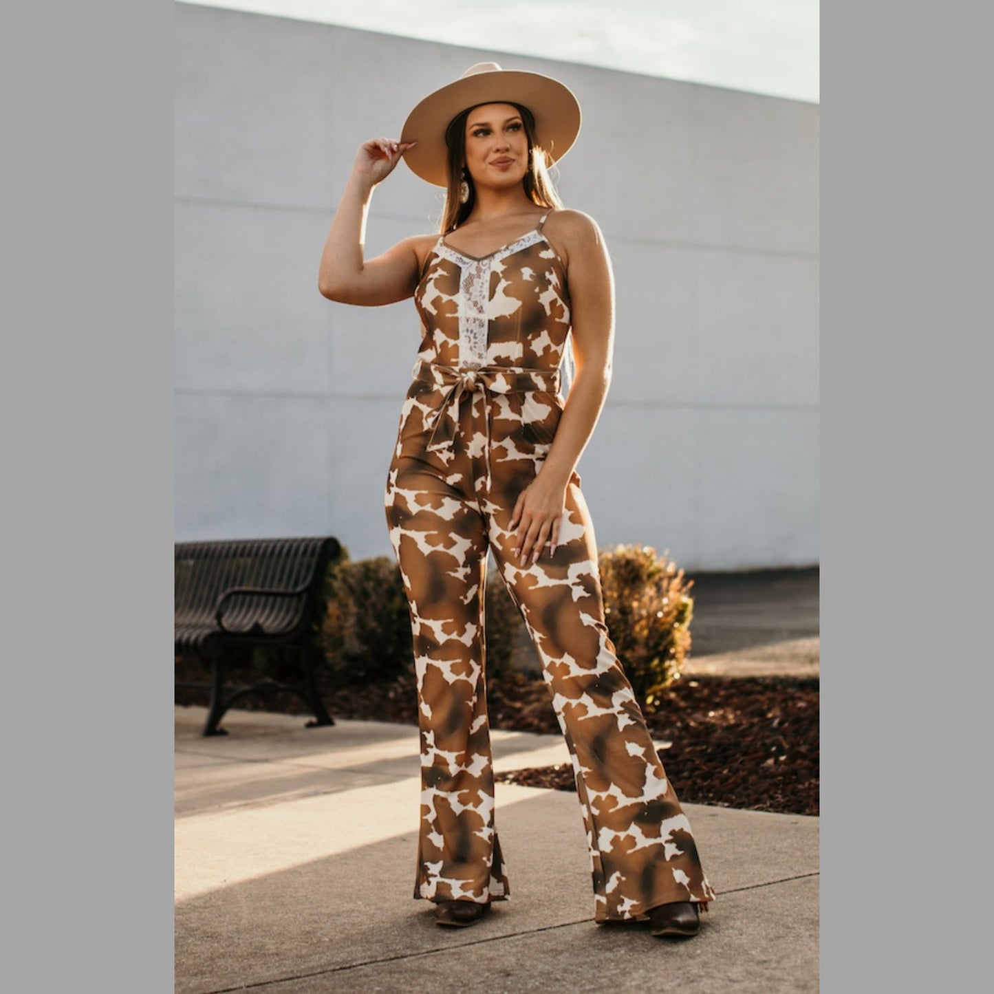 COWHIDE SPAGHETTI STRAP JUMPSUIT W/LACE