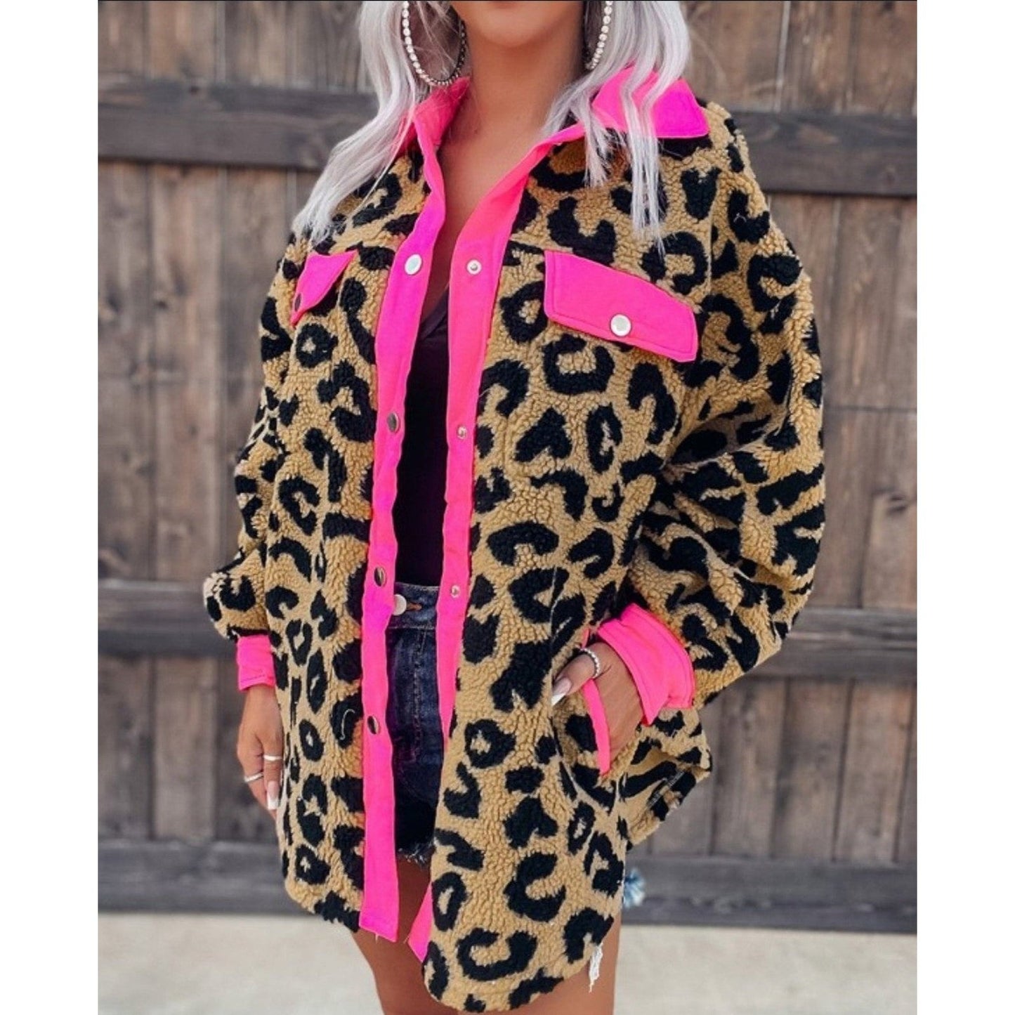 Contrast Hot Pink Trimmed Leopard Teddy Shacket