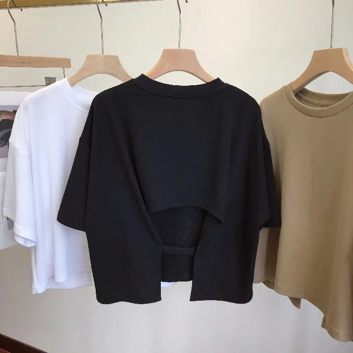 Casual Solid Color Half Sleeve Patchwork Backless T-Shirts