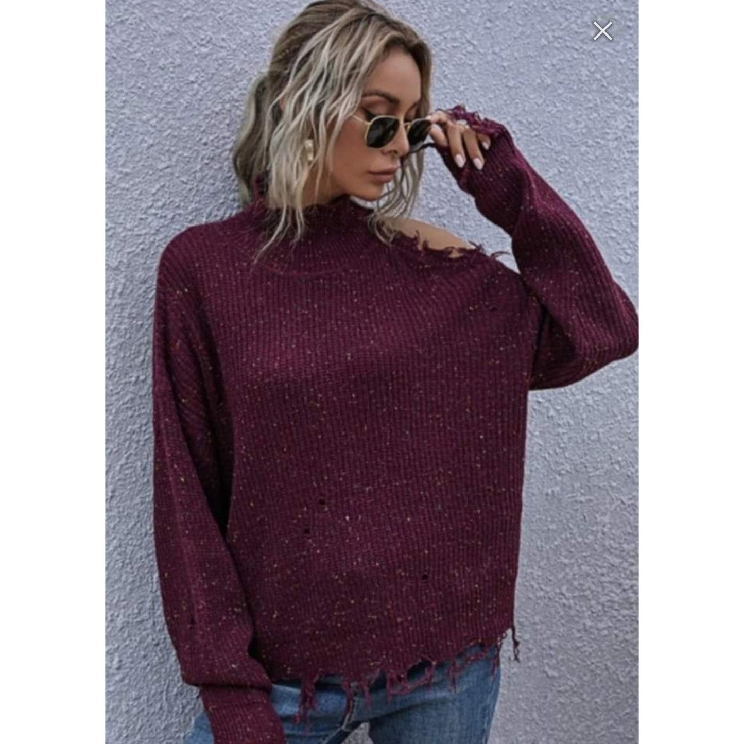 DISTRESSED MAROON SWEATER
