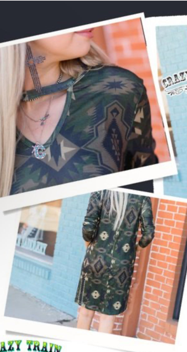 HONEY HUNT LONG SLEEVE AZTEC DRESS W/KEYHOLE