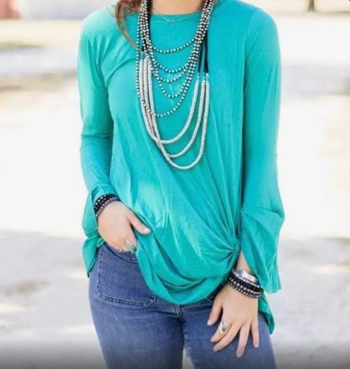 Crazy Train top women's S green bell sleeve tunic knot accent draped fabric