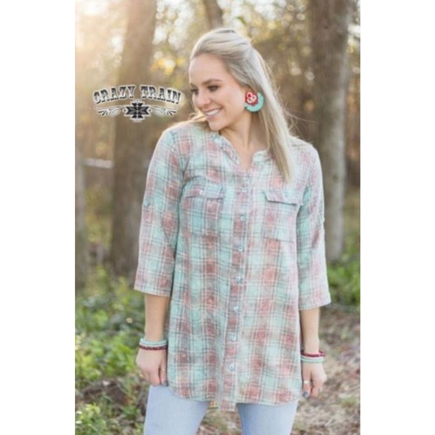 TEAL AND BROWN TUNIC TOP