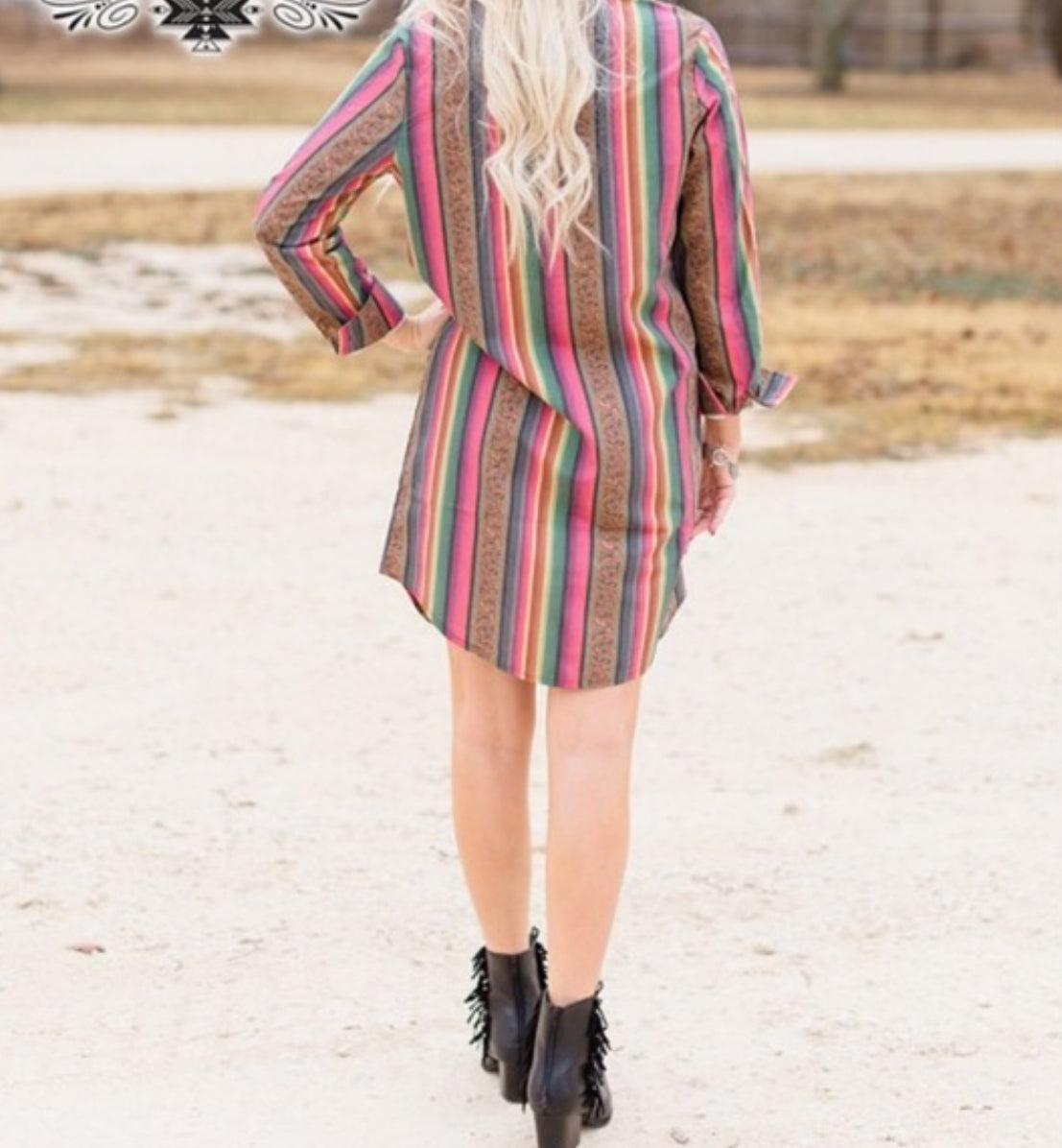 Serape Button Up Shirt Dress, Western Leather Striped