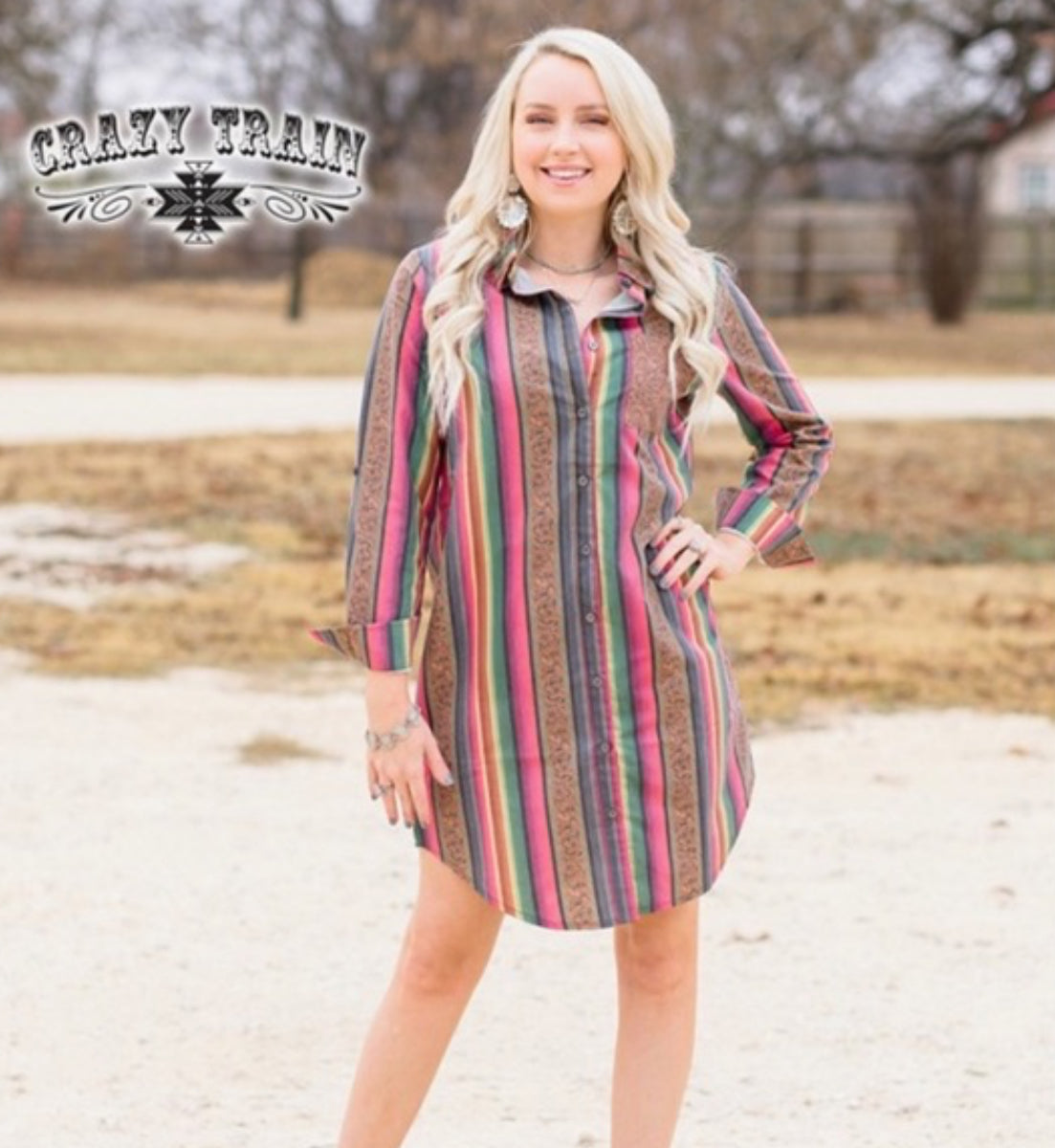Serape Button Up Shirt Dress, Western Leather Striped