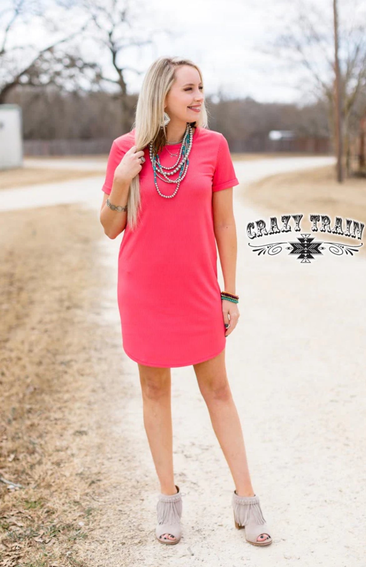 SHORT SLEEVE RIBBED DRESS W/POCKETS