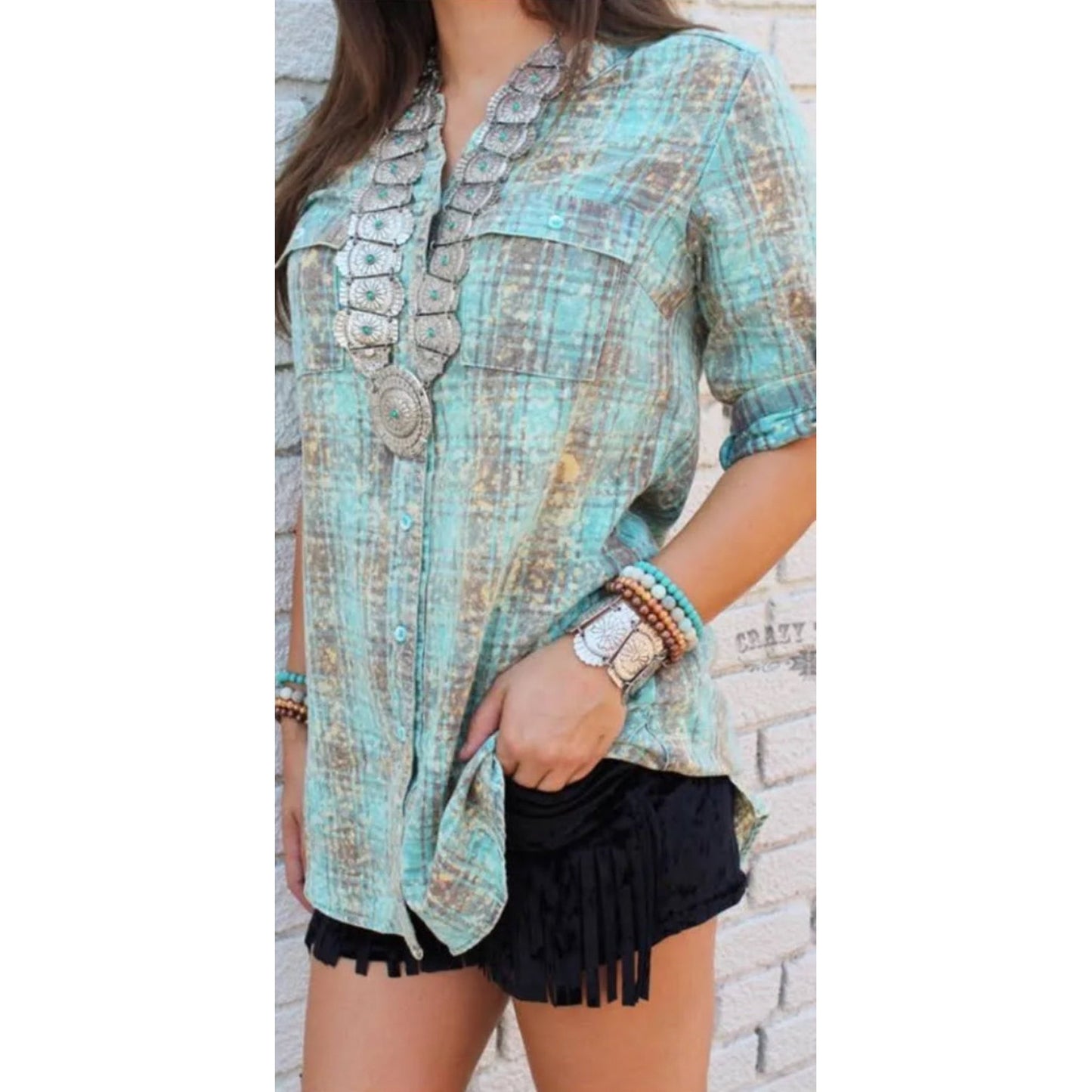 TEAL AND BROWN TUNIC TOP