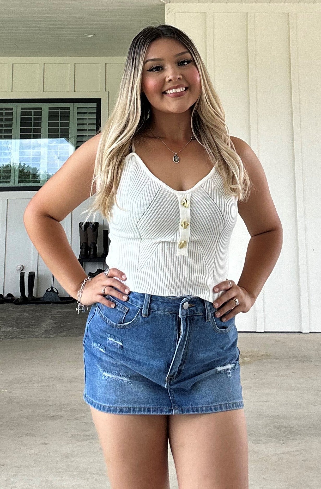 Ribbed Spaghetti Top with Gold Buttons