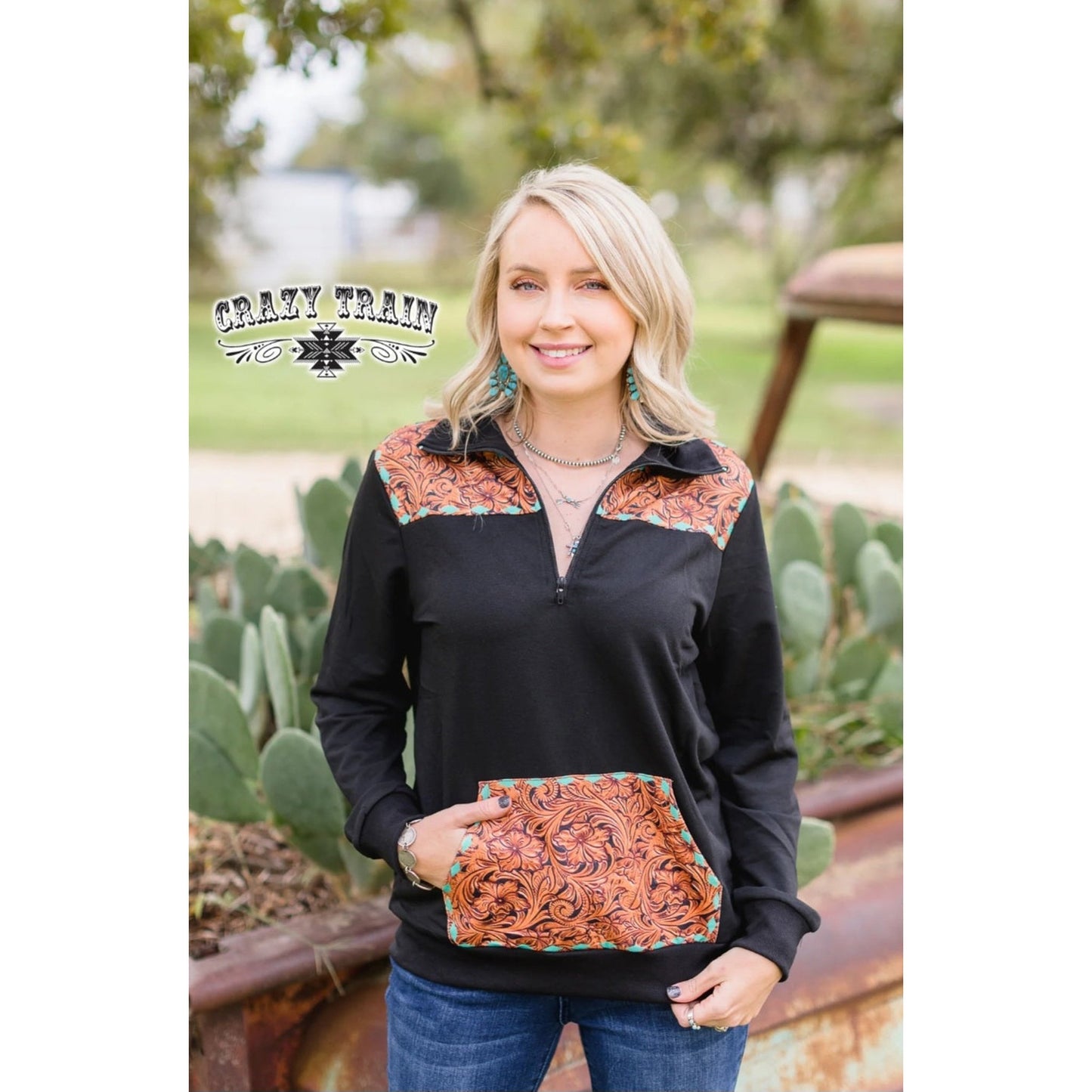leather turquoise buckstitch print pullover crazy train