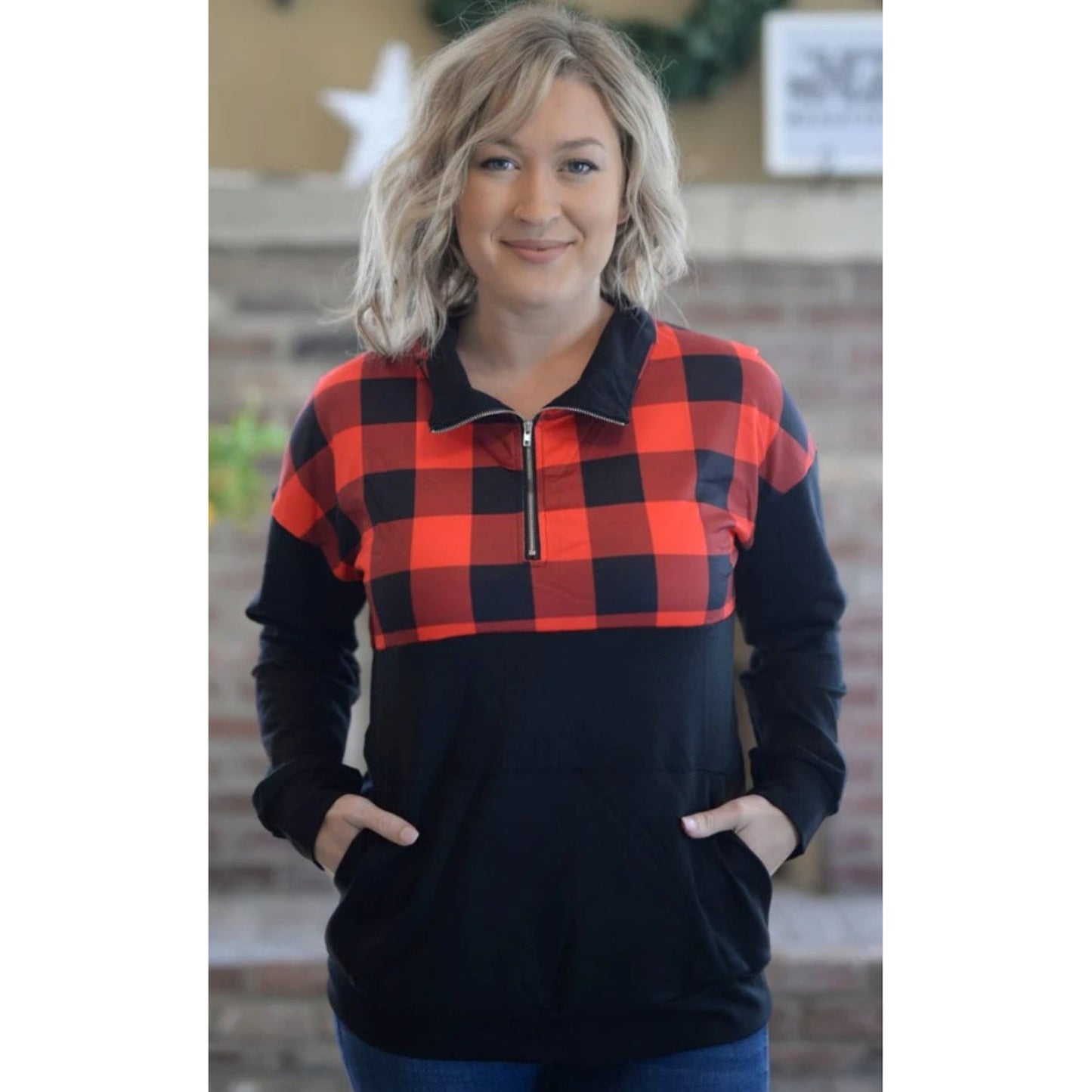 Buffalo plaid zip up pull over sunshine and rodeo