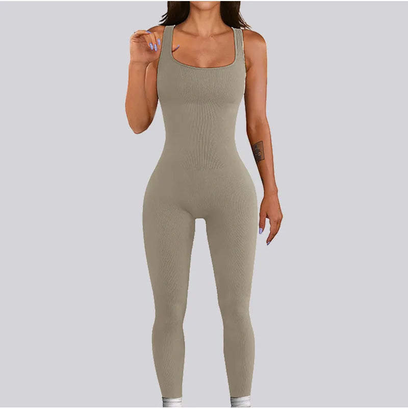 Solid Color Nylon U Neck Tracksuit Jumpsuits