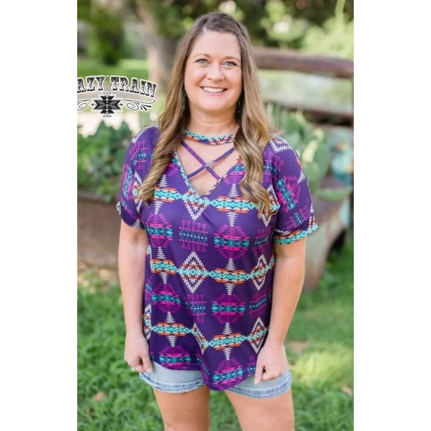 PURPLE AZTEC CROSS OPEN NECK