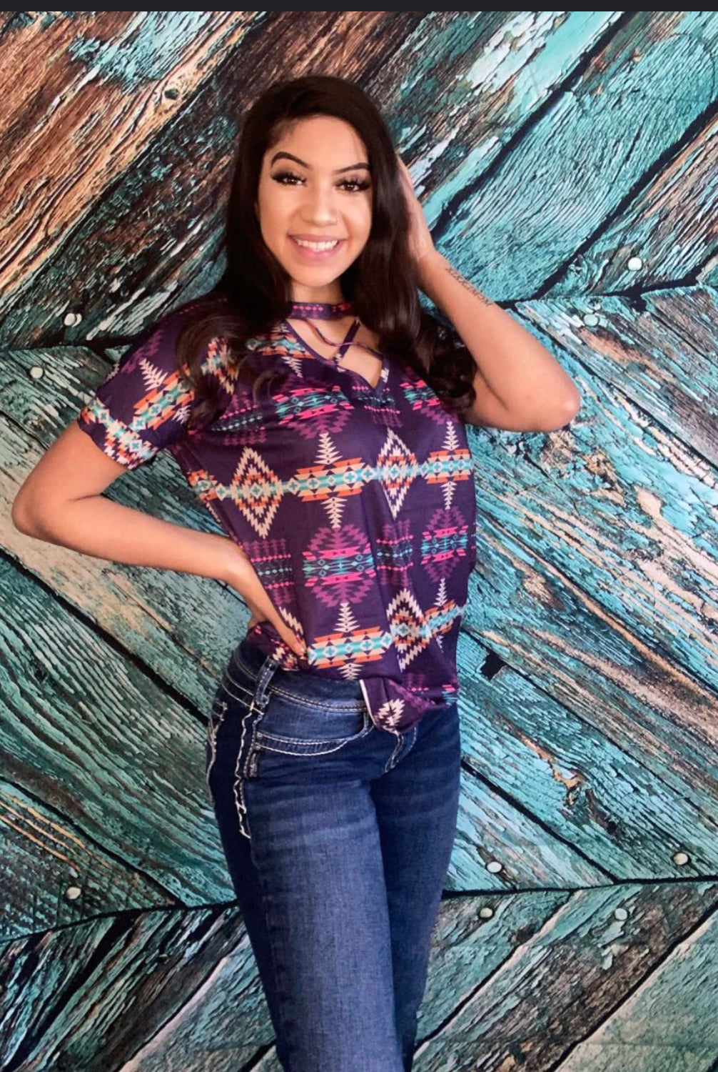 PURPLE AZTEC CRISS CROSS TOP CRAZY TRAIN
