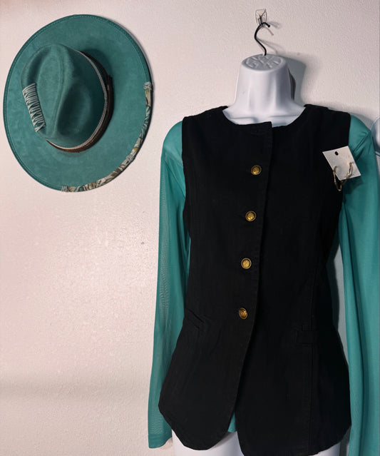 Black Denim Washed Vest with Bronze Buttons