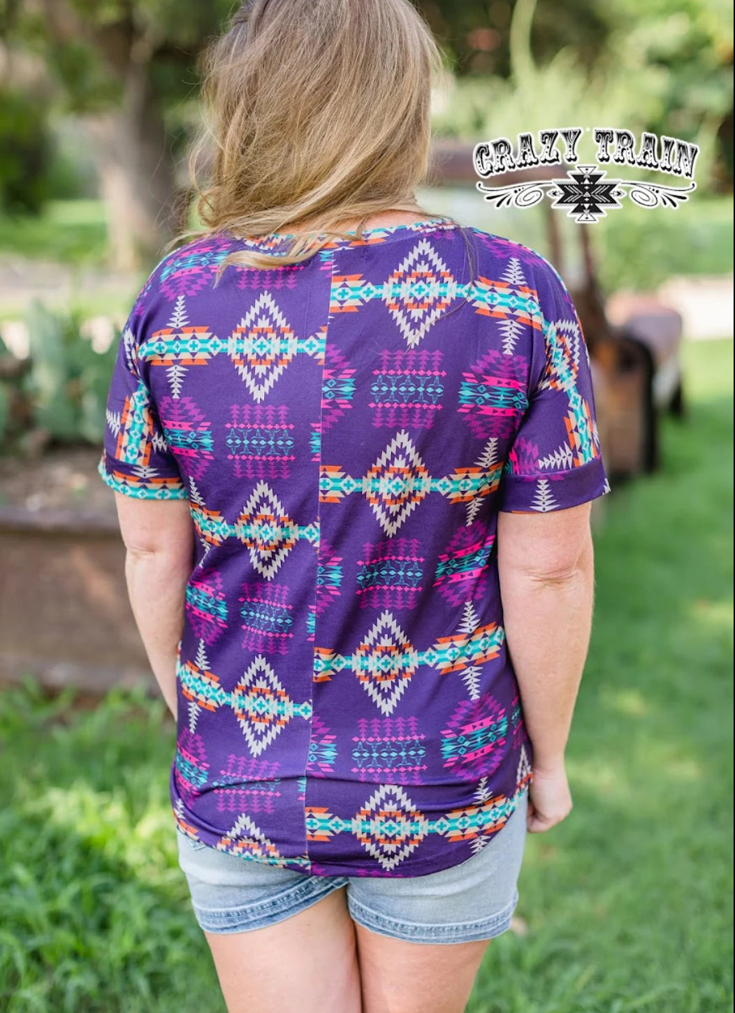 PURPLE AZTEC CRISS CROSS TOP CRAZY TRAIN