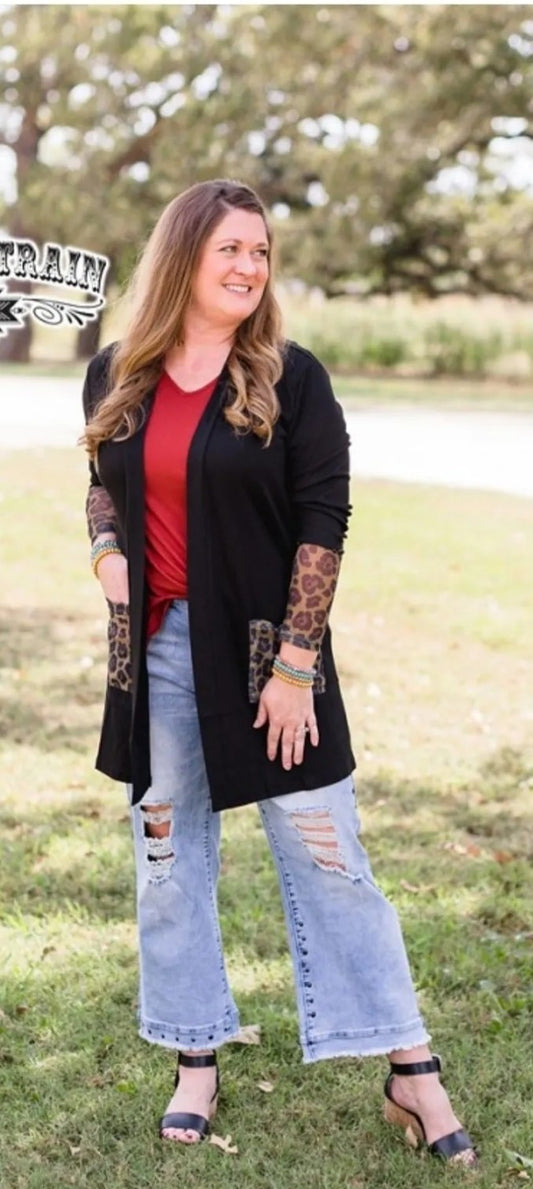 BLACK WITH LEOPARD LARAMIE CARDIGAN