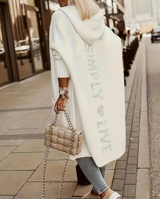 Casual Cardigan, Letter & Heart Print Long Sleeve Open Front Hooded Sweater Cardigan With Pockets