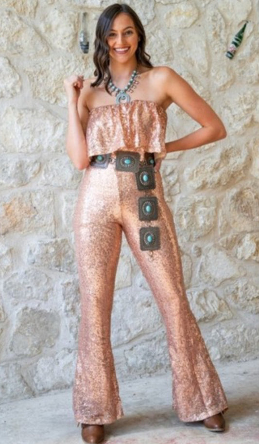 ROSE GOLD SEQUIN STRAPLESS JUMPSUIT