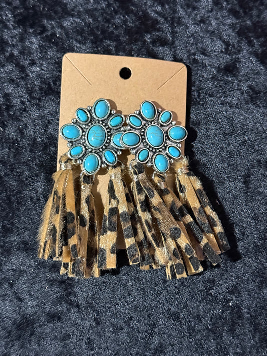 Turquoise with Cheetah Print Fringe Earrings
