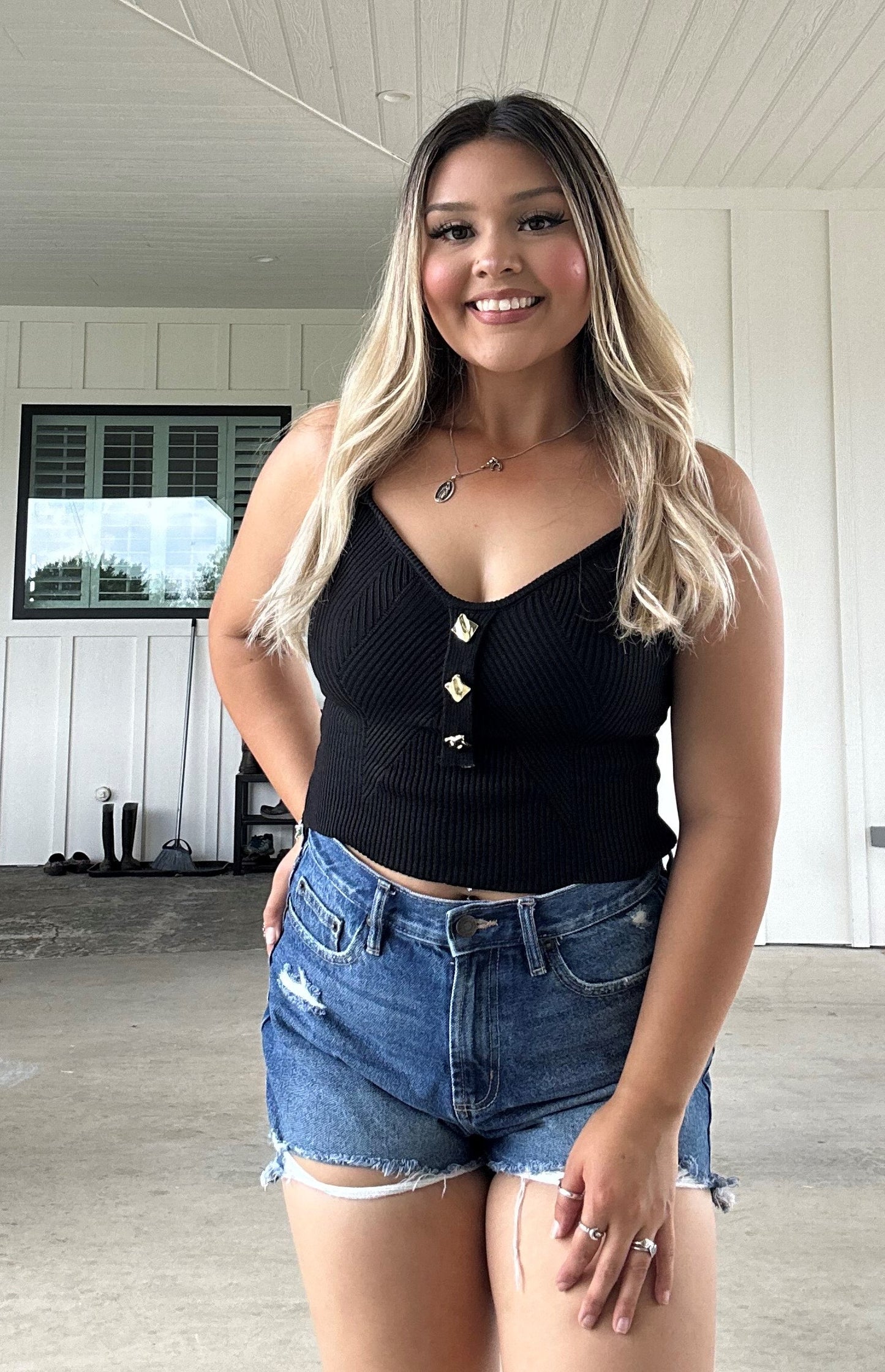 Ribbed Spaghetti Top with Gold Buttons