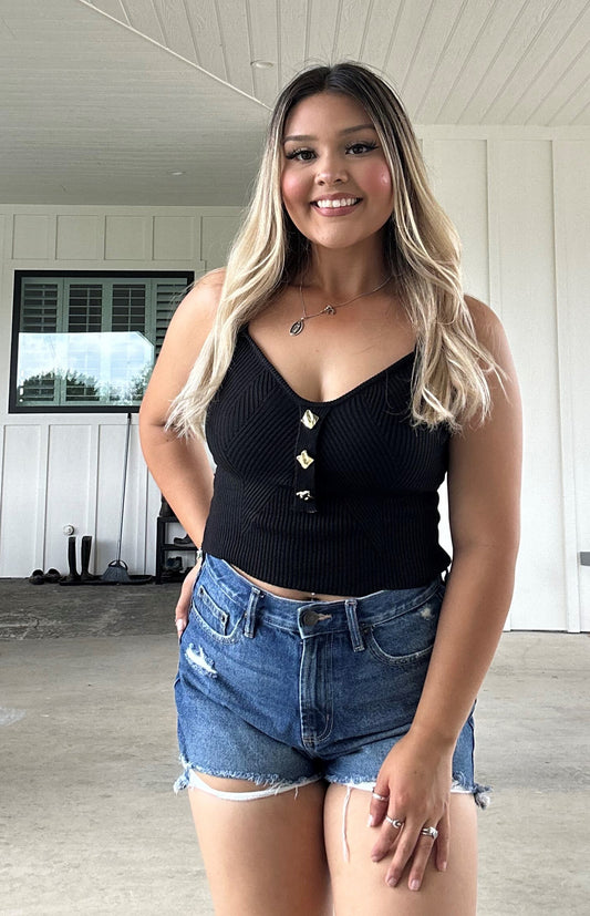 Ribbed Spaghetti Top with Gold Buttons